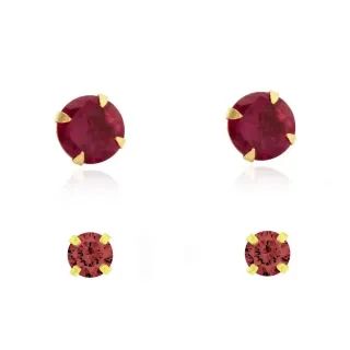 Brinco de ouro 18k par de pedra vermelha 6mm + 3mm 
