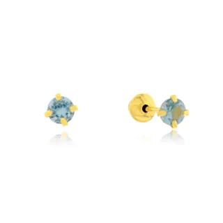 Brinco de ouro 18k pedra 3mm azul claro 