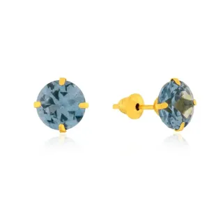 Brinco de ouro 18k pedra 6mm Azul claro