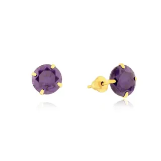 Brinco de ouro 18k pedra 6mm roxa zircônia