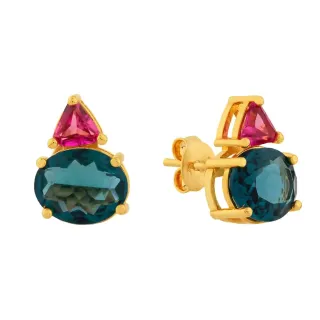 Brinco de ouro 18k pedra azul e rosa