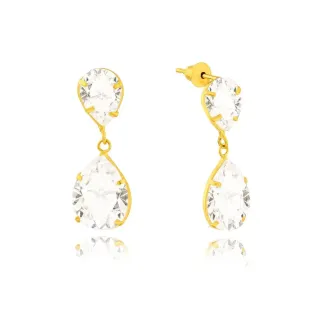 Brinco de ouro 18k pedra gota dupla
