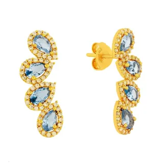 Brinco de ouro 18k pedras azuis oval