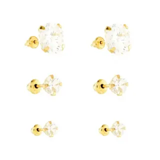 Brinco de ouro 18k trio de pedra 6mm + 4mm + 2,5mm