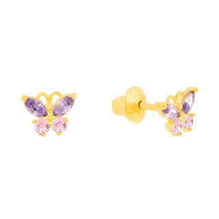 Brinco de ouro infantil 18k borboleta lilás e rosa