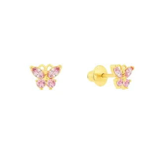 Brinco de ouro infantil 18k borboleta rosa