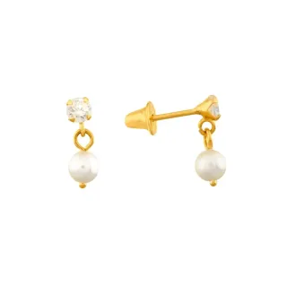 Brinco de ouro infantil 18k com pérola e pedra branca / transparente