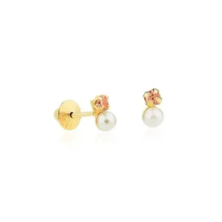 Brinco de ouro infantil 18k com Pérola E Pedra Rosa Claro