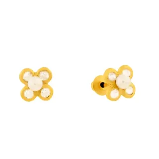 Brinco de ouro infantil 18k flor com pérola natural