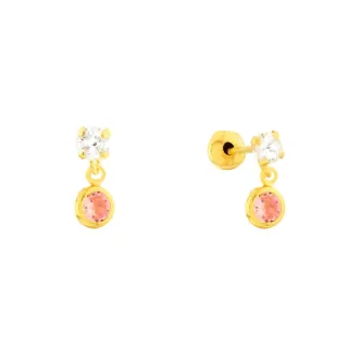 Brinco de ouro infantil 18k pedra com pingente rosa