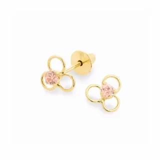 Brinco de ouro infantil 18k flor com zircônia rosa