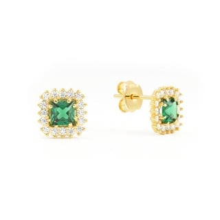 Brinco de ouro 18k pedra verde quadrada