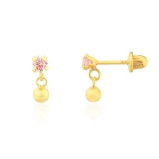 Brinco infantil de ouro 18k pedra rosa clara com pingente bolinha 