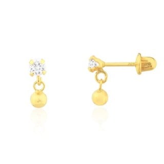 Brinco infantil de ouro 18k pedra branca transparente com pingente bolinha