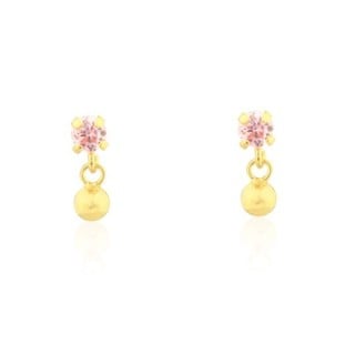 Brinco infantil de ouro 18k pedra rosa clara com pingente bolinha 