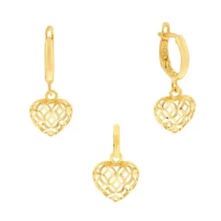 Conjunto brinco e pingente de ouro 18k coração 