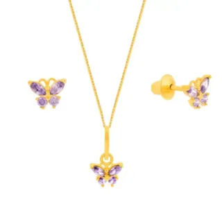 Conjunto colar e brinco de ouro 18k borboleta