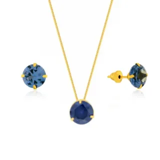 Conjunto colar e brinco de ouro 18k ponto de luz Azul