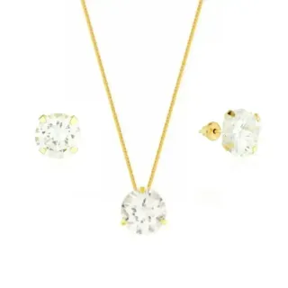 Conjunto colar e brinco de ouro 18k ponto de luz branco 