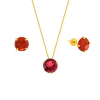 Conjunto colar e brinco de ouro 18k ponto de luz vermelho