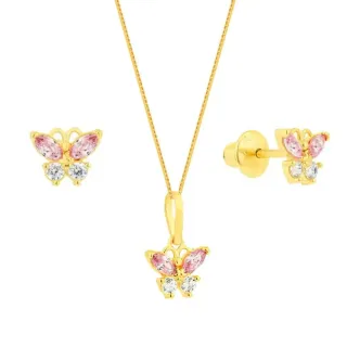 Conjunto colar e brinco infantil ouro 18k borboleta rosa