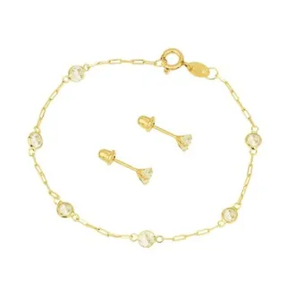 Conjunto De Ouro 18k Infantil Pulseira De Pedras E Brinco 3mm