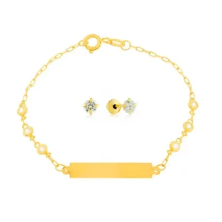 Conjunto De Ouro 18k Pulseira De Pedras E Placa + Brinco 3mm infantil