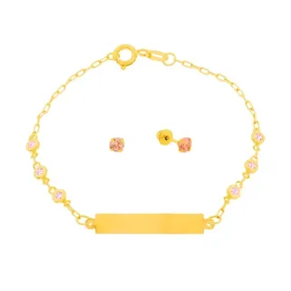 Conjunto De Ouro 18k Pulseira De Pedras E Placa + Brinco 3mm infantil rosa
