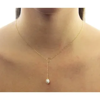 Cordão de ouro 18k gravatinha com pingente pérola biwa 7,5mm