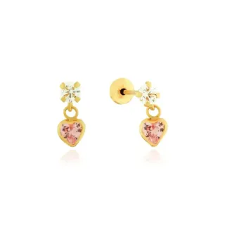 Brinco de ouro 18k infantil com pingente coração rosa VI
