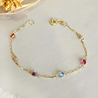 Pulseira De Ouro 18k Infantil Com Pedras Coloridas PU008cl