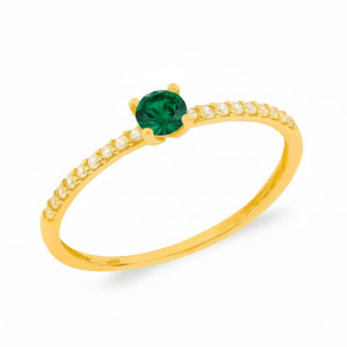 Anel solitário de ouro 18k com pedra verde e zircônias 