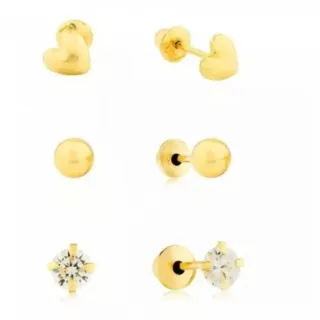 Kit 3 Brincos De Ouro 18k Infantil Ou Segundo Furo 