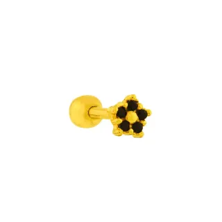 Piercing de ouro 18k reto flor pedras pretas tragus/cartilagem