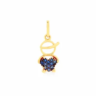 Pingente menino de ouro 18k coração pedra azul