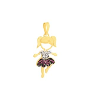 Pingente filha menina de ouro 18k cravejada vermelho