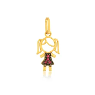 Pingente de ouro 18k menina filha com zircônias rubis