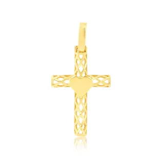 Pingente de ouro cruz 18k coração diamantada