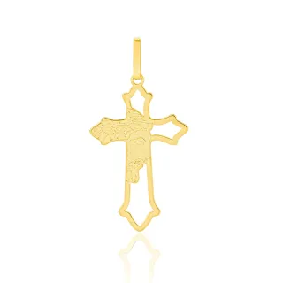 Pingente de ouro cruz 18k ornamentada face de Cristo