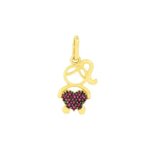 Pingente de ouro menina 18k coração pedras vermelhas