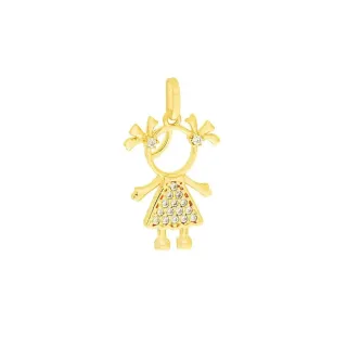 Pingente menina de ouro 18k cravejada vestido