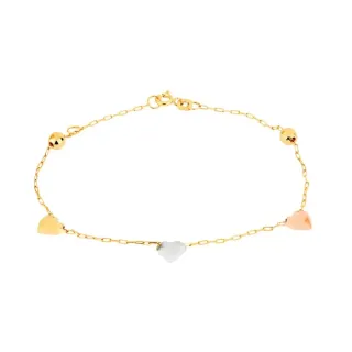Pulseira de ouro 18k infantil coração amarelo branco e rosê