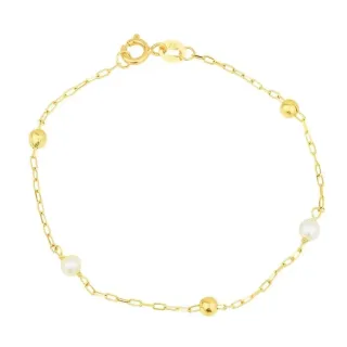 Pulseira De Ouro Infantil Pérolas Naturais E Bolas