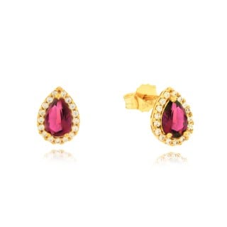 Brinco de Ouro 18k gota rosa cravejada de zircônias