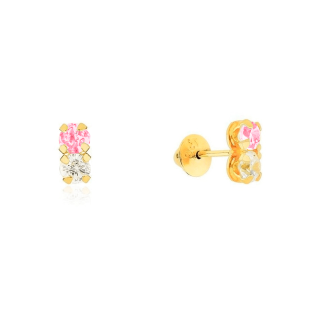 Brinco de ouro 18k infantil pedra 2mm rosa