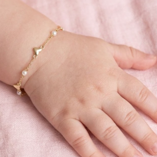 Pulseira de ouro infantil coração e bolinha bebê