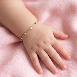 Pulseira de ouro infantil coração e bolinha bebê