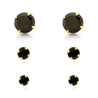 Trio de brinco de ouro 18k pedra ônix 6mm 4mm e 3mm