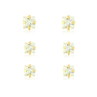 Trio de brinco de ouro 18k pedra quadrada 4mm e 3mm 