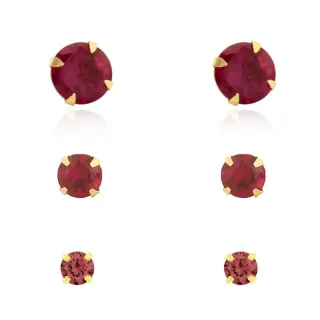 Trio de brinco de ouro 18k pedra vermelha 6mm 4mm e 3mm